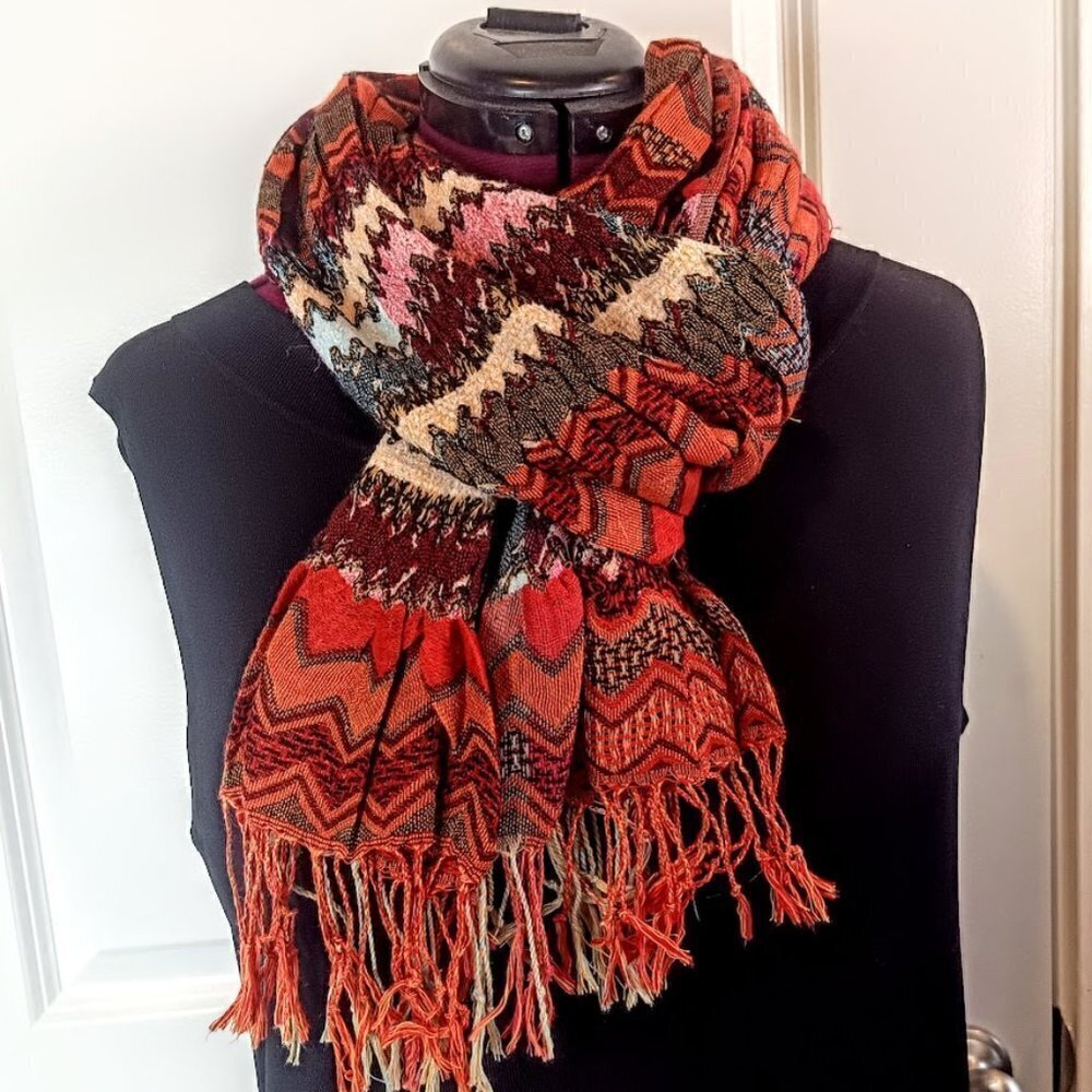 Chevron Multicolor Woven Pleated Fringed Oblong Scarf